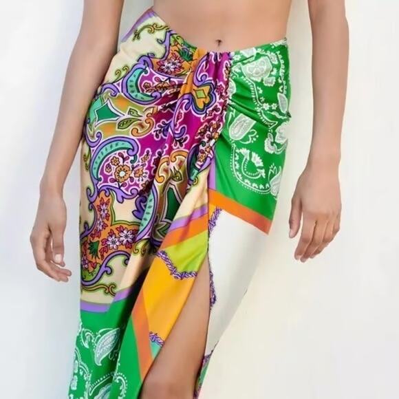 Bailey 44 Colorful Patchwork Satin Knotted Waist Front Slit Midi Pencil Skirt - Picture 2 of 11